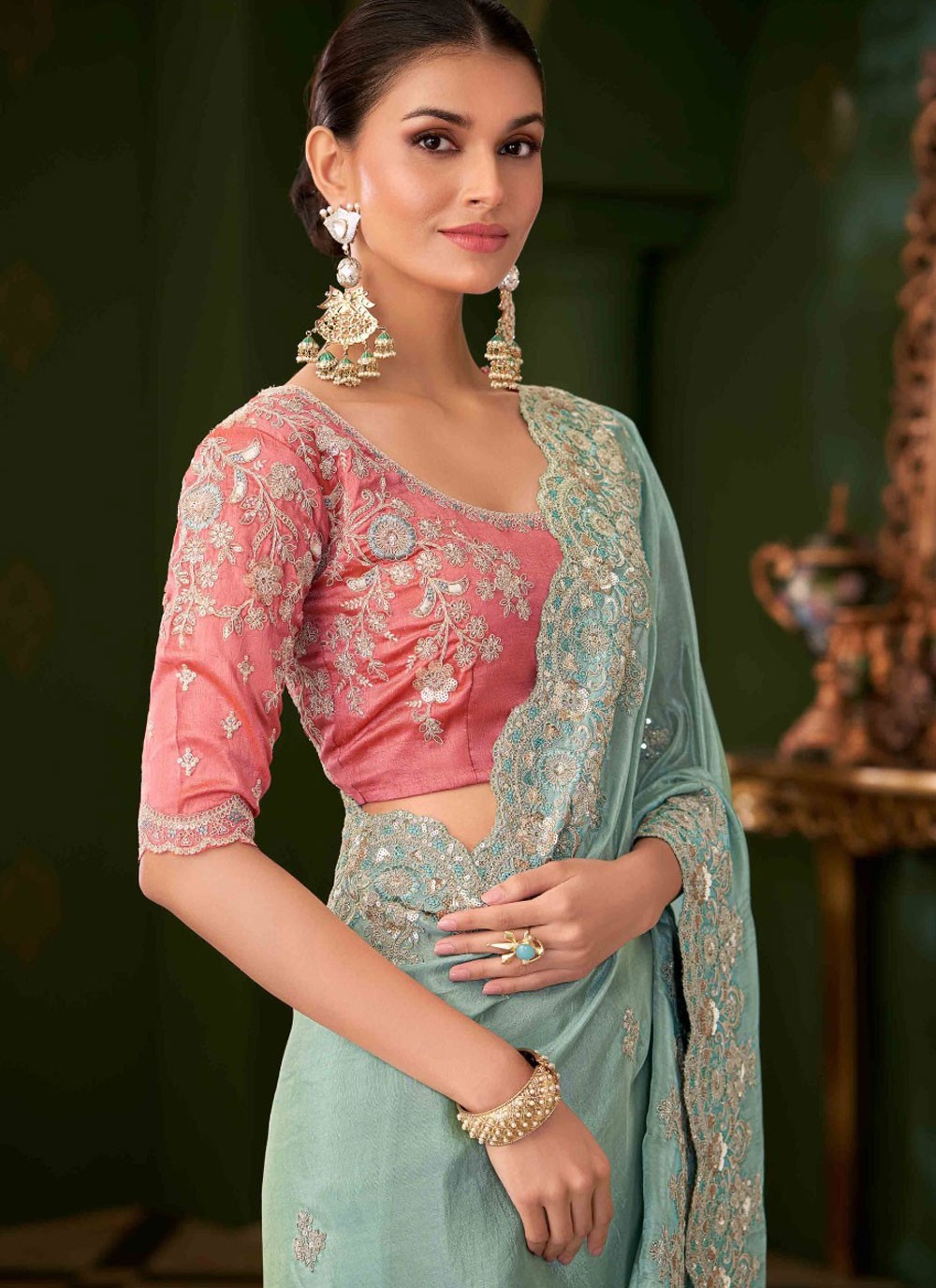 Sea Green Georgette Contemporary Saree Embroidered S20373