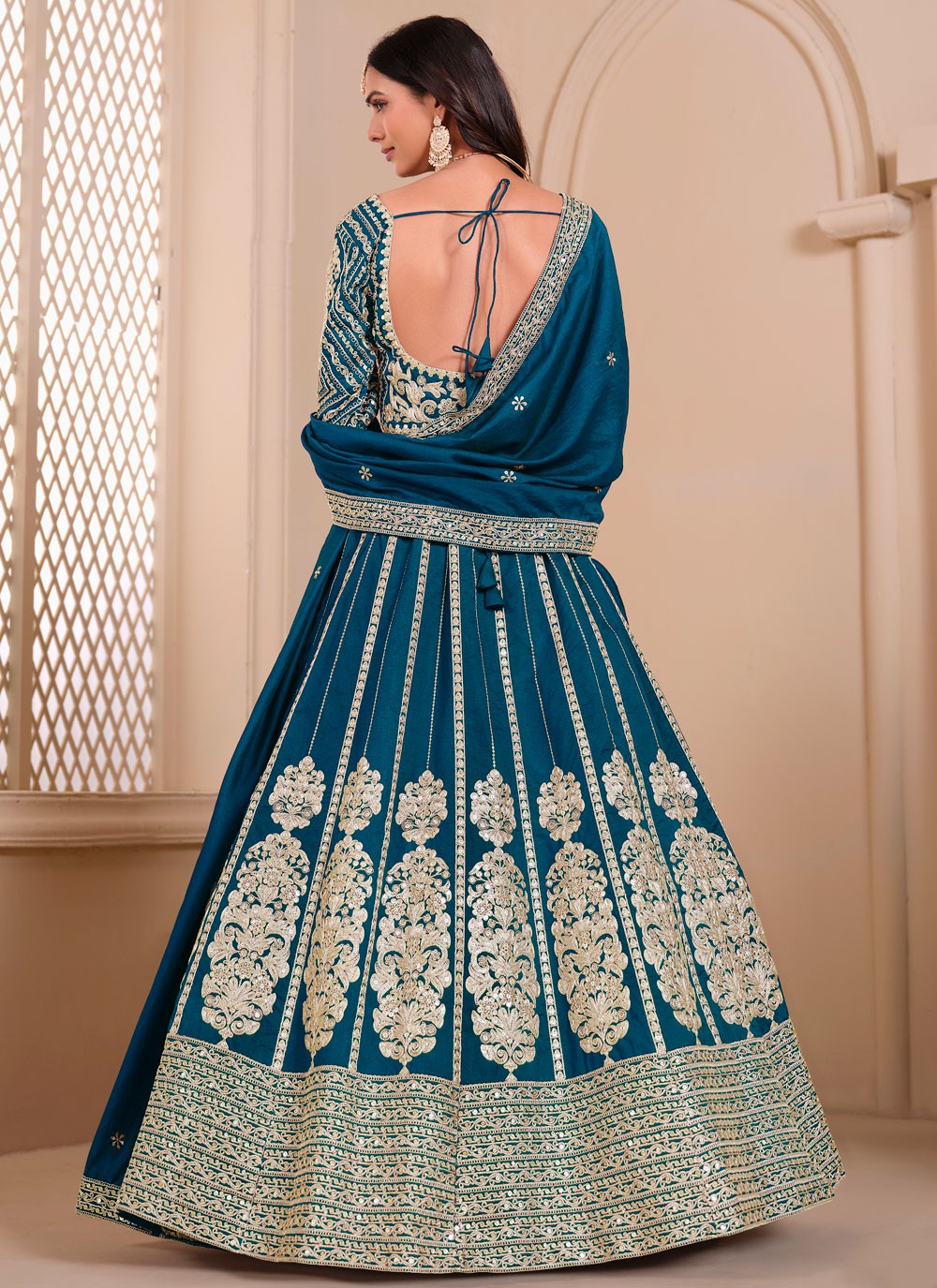Embroidered Art Silk, Shimmer Morpeach Lehenga - L3274