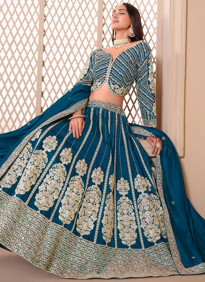 Embroidered Art Silk, Shimmer Morpeach Lehenga - L3274