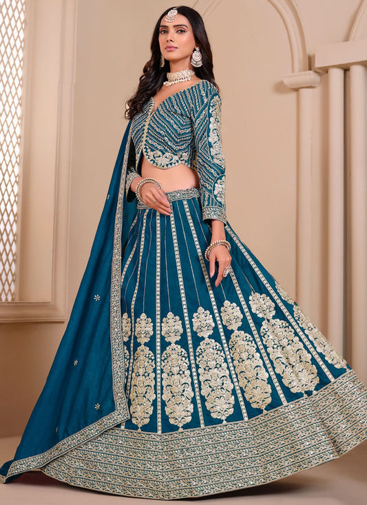 Embroidered Art Silk, Shimmer Morpeach Lehenga - L3274