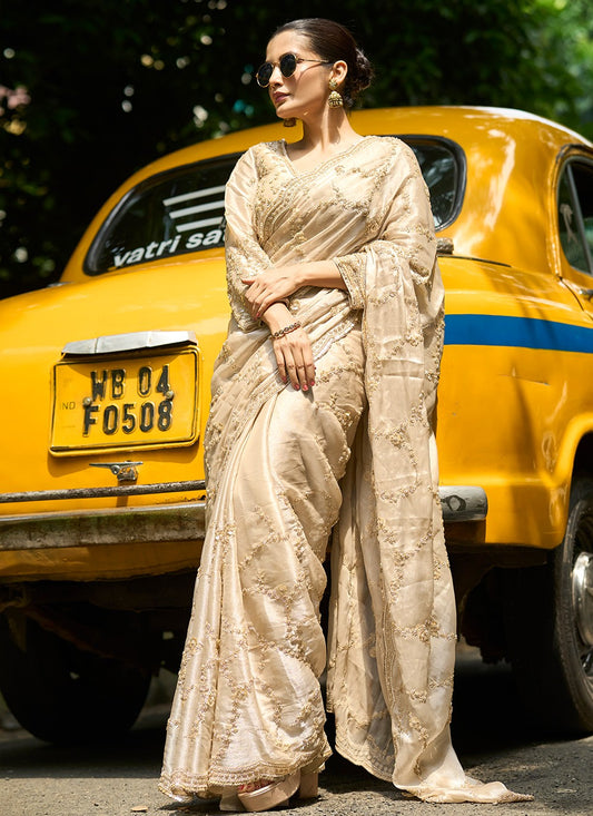 Beige Silk Classic Saree Embroidered, Sequins S20138