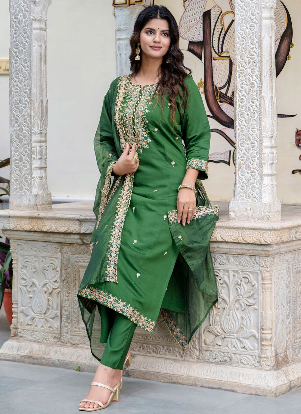 Pant Style Suit Embroidered Green T6924