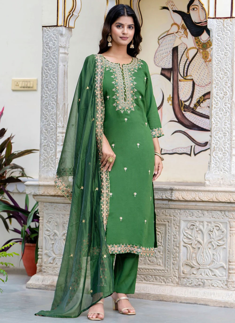 Pant Style Suit Embroidered Green T6924