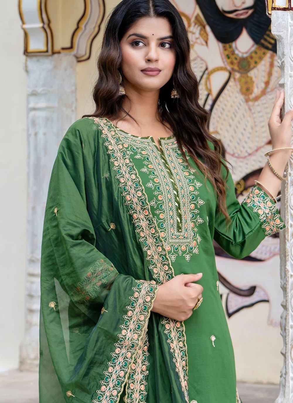 Pant Style Suit Embroidered Green T6924
