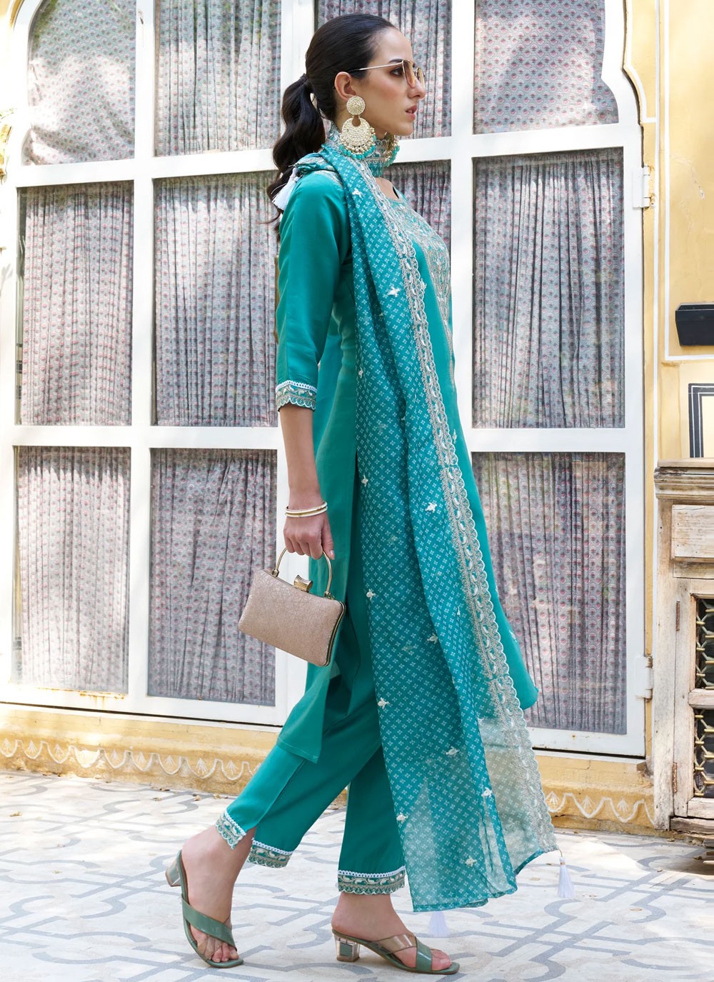 Pant Style Suit Embroidered Blue T6904