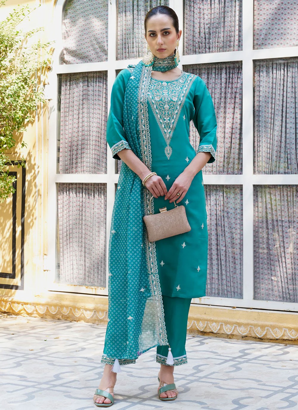 Pant Style Suit Embroidered Blue T6904