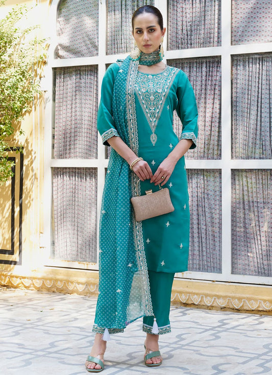 Pant Style Suit Embroidered Blue T6904