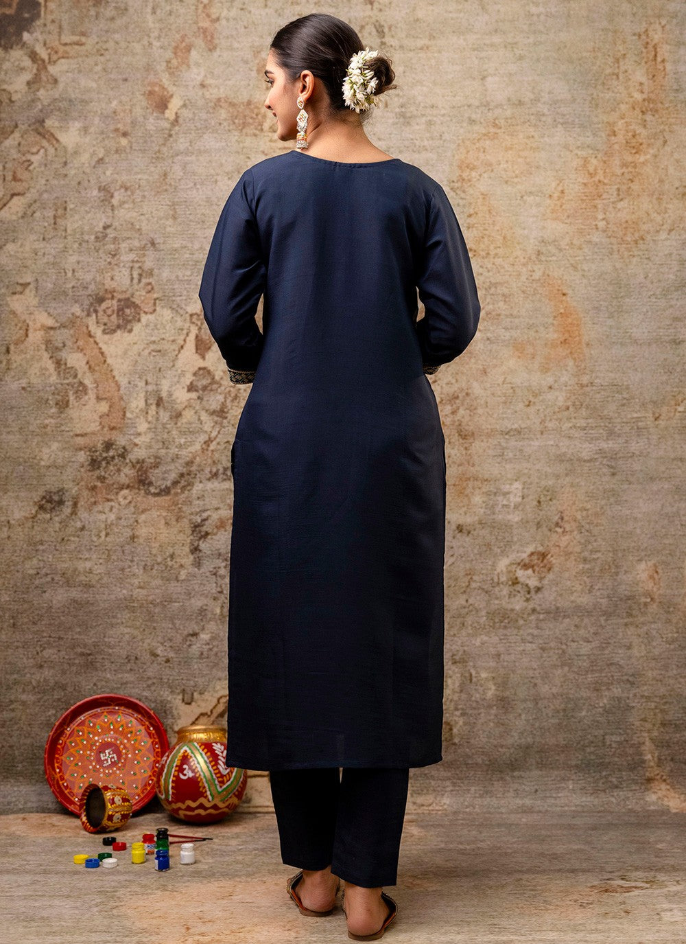 Pant Style Suit Embroidered, Zari Navy Blue T7312