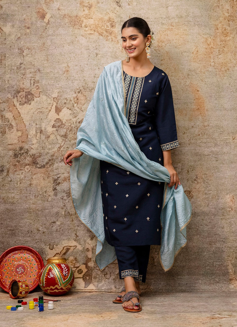 Pant Style Suit Embroidered, Zari Navy Blue T7312