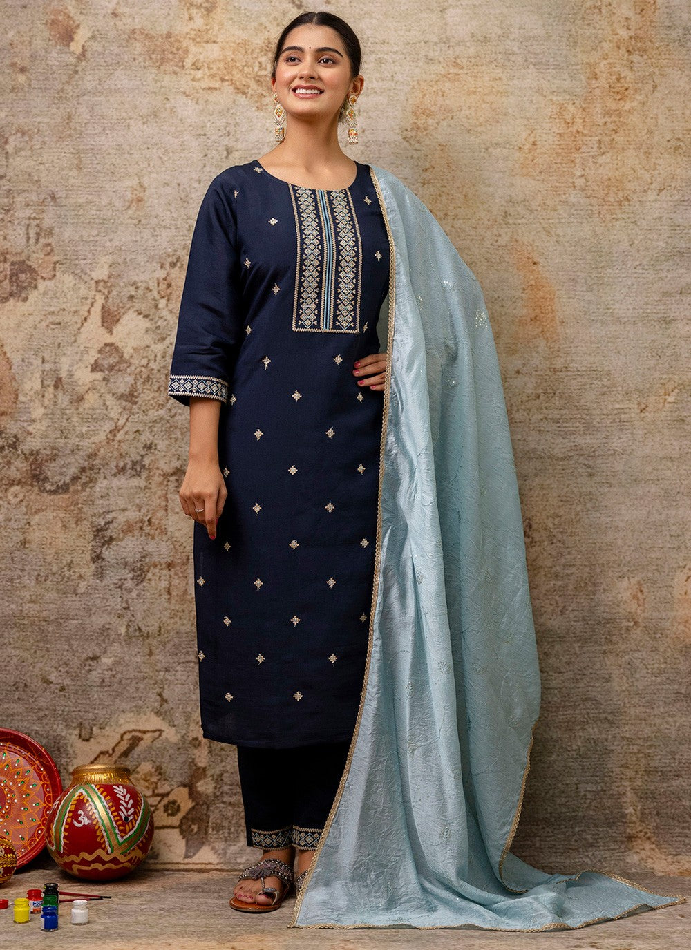 Pant Style Suit Embroidered, Zari Navy Blue T7312