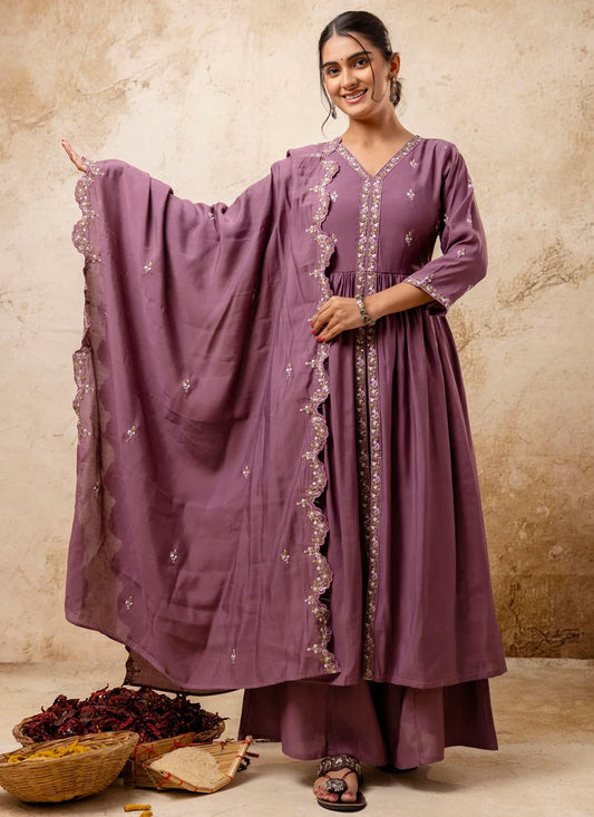 Embroidered Silk Blend Lavender Salwar Suit T6119
