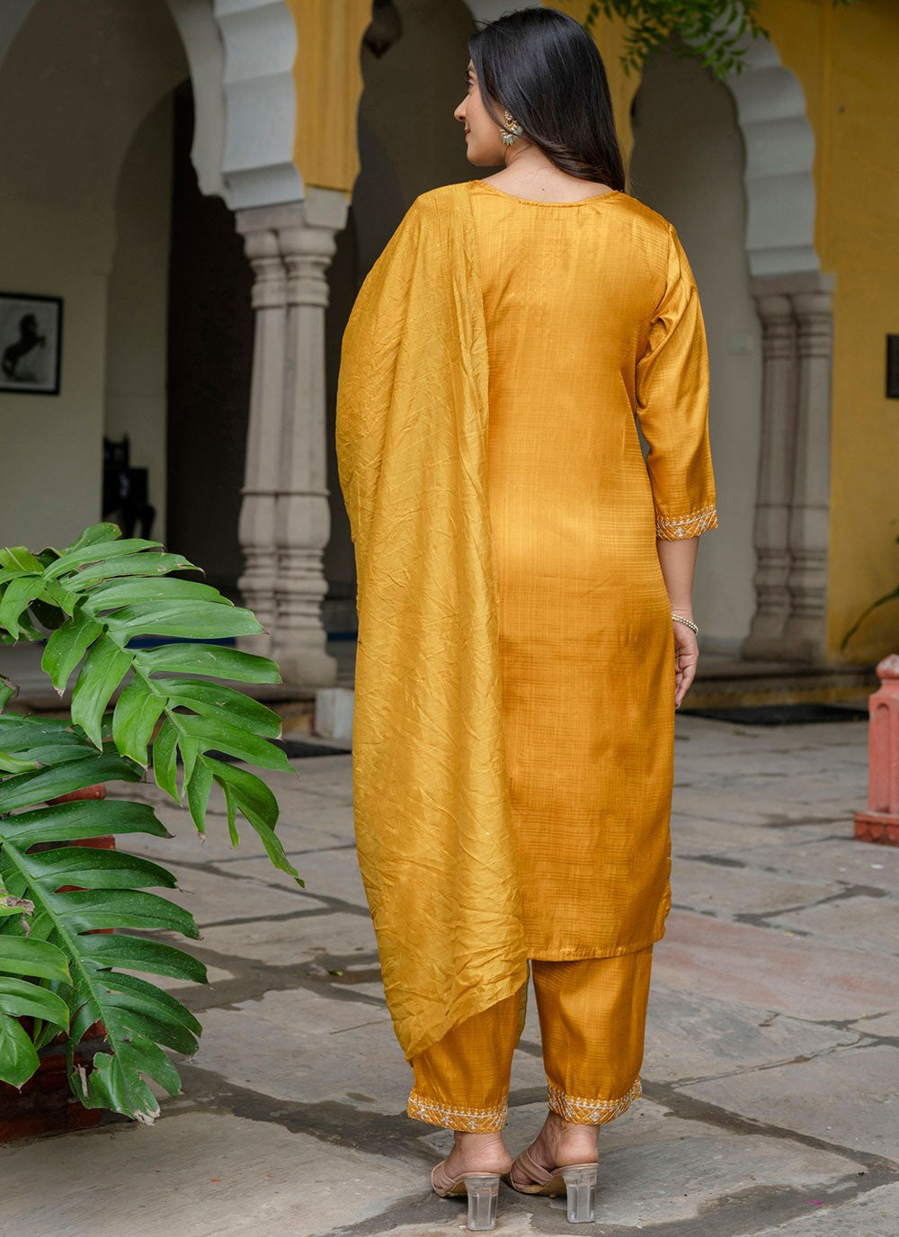 Pant Style Suit Embroidered Yellow T7163