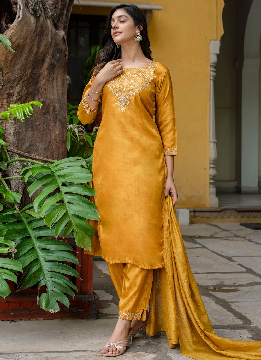 Pant Style Suit Embroidered Yellow T7163