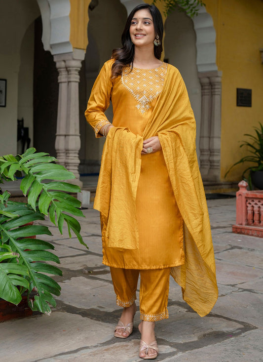 Pant Style Suit Embroidered Yellow T7163