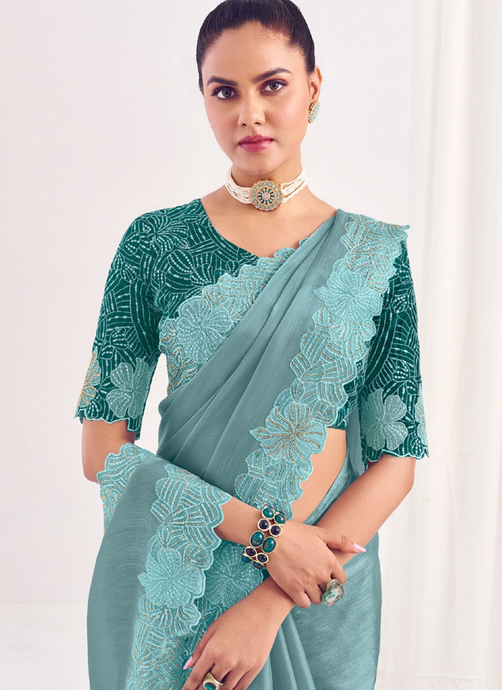 Classic Saree Border Work Blue Silk Saree S12574