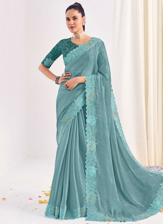 Classic Saree Border Work Blue Silk Saree S12574