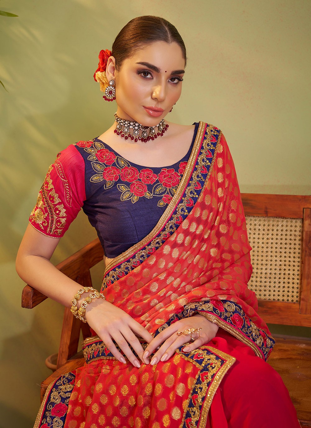 Embroidered Silk Red Saree S14375