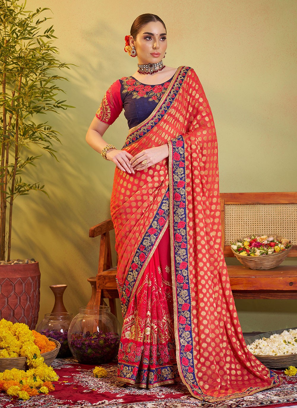 Embroidered Silk Red Saree S14375
