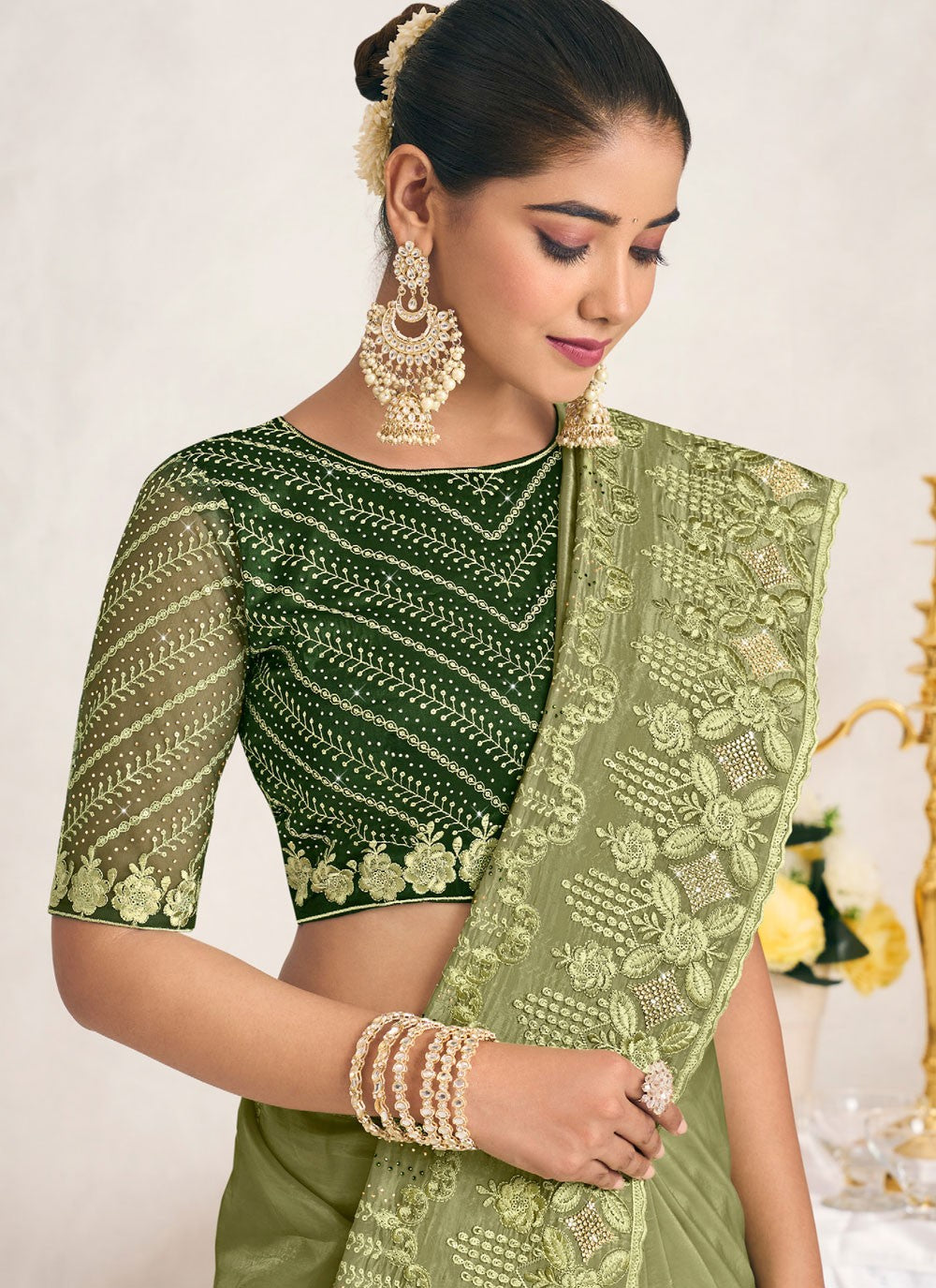 Classic Saree Cut Work Green Silk S12750