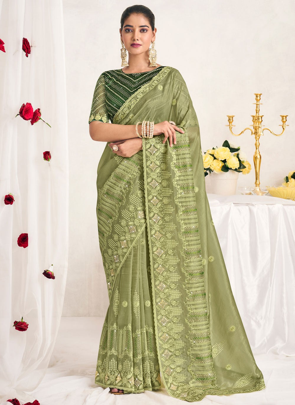 Classic Saree Cut Work Green Silk S12750