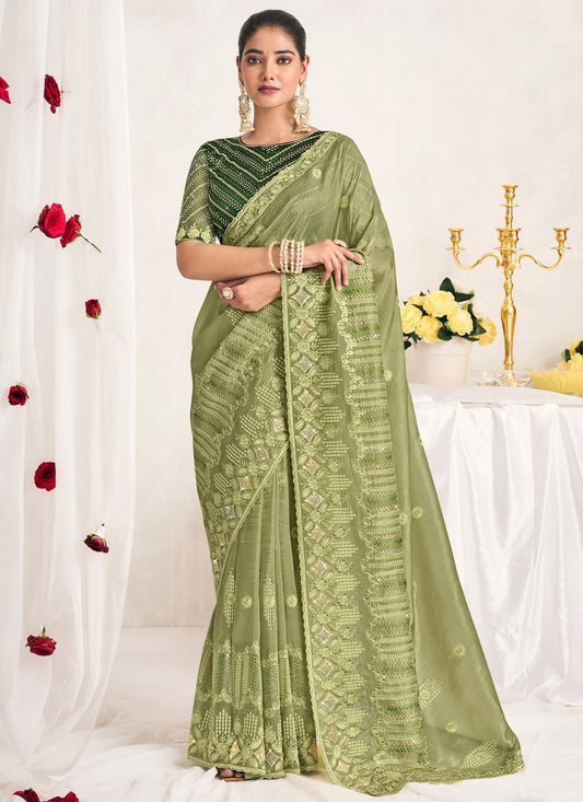 Classic Saree Cut Work Green Silk S12750