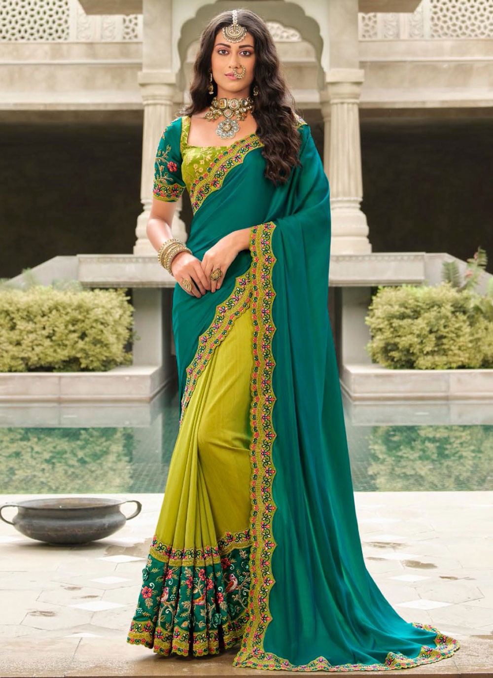 Classic Saree Border Work Green Silk Saree S13395