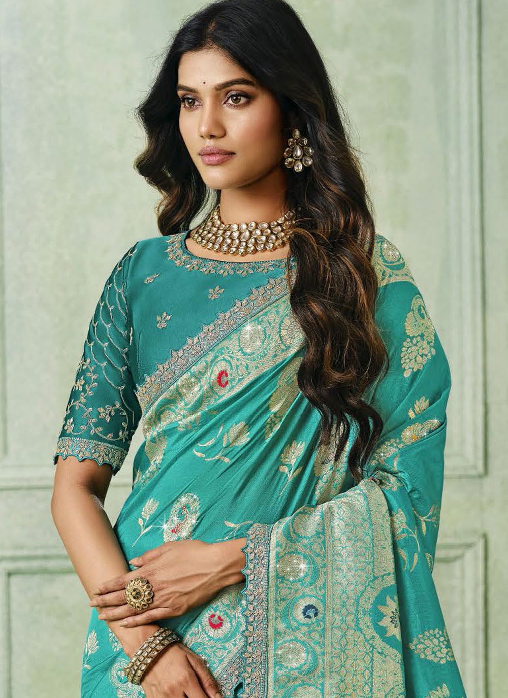Sea Green Silk Contemporary Saree Embroidered S19926
