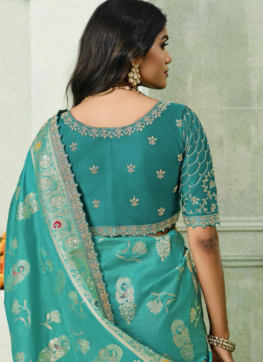 Sea Green Silk Contemporary Saree Embroidered S19926