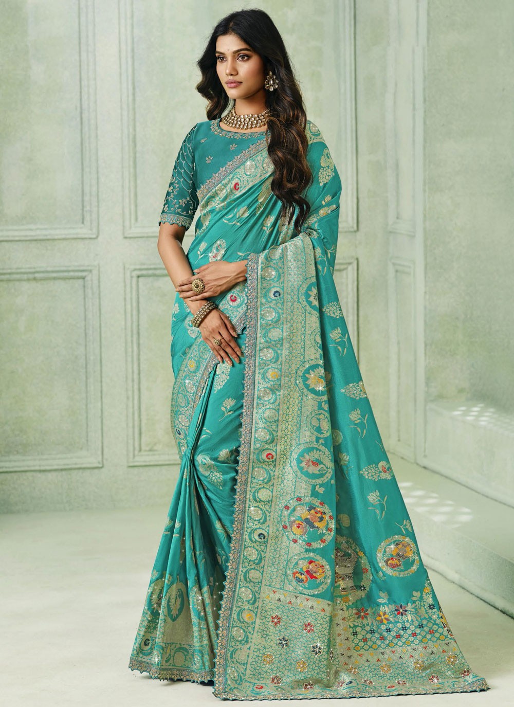 Sea Green Silk Contemporary Saree Embroidered S19926