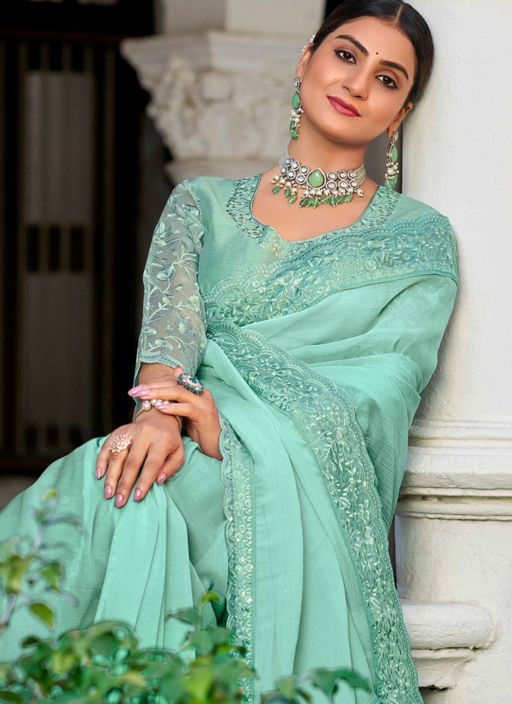 Sea Green Silk Contemporary Saree Embroidered, Lace S20130