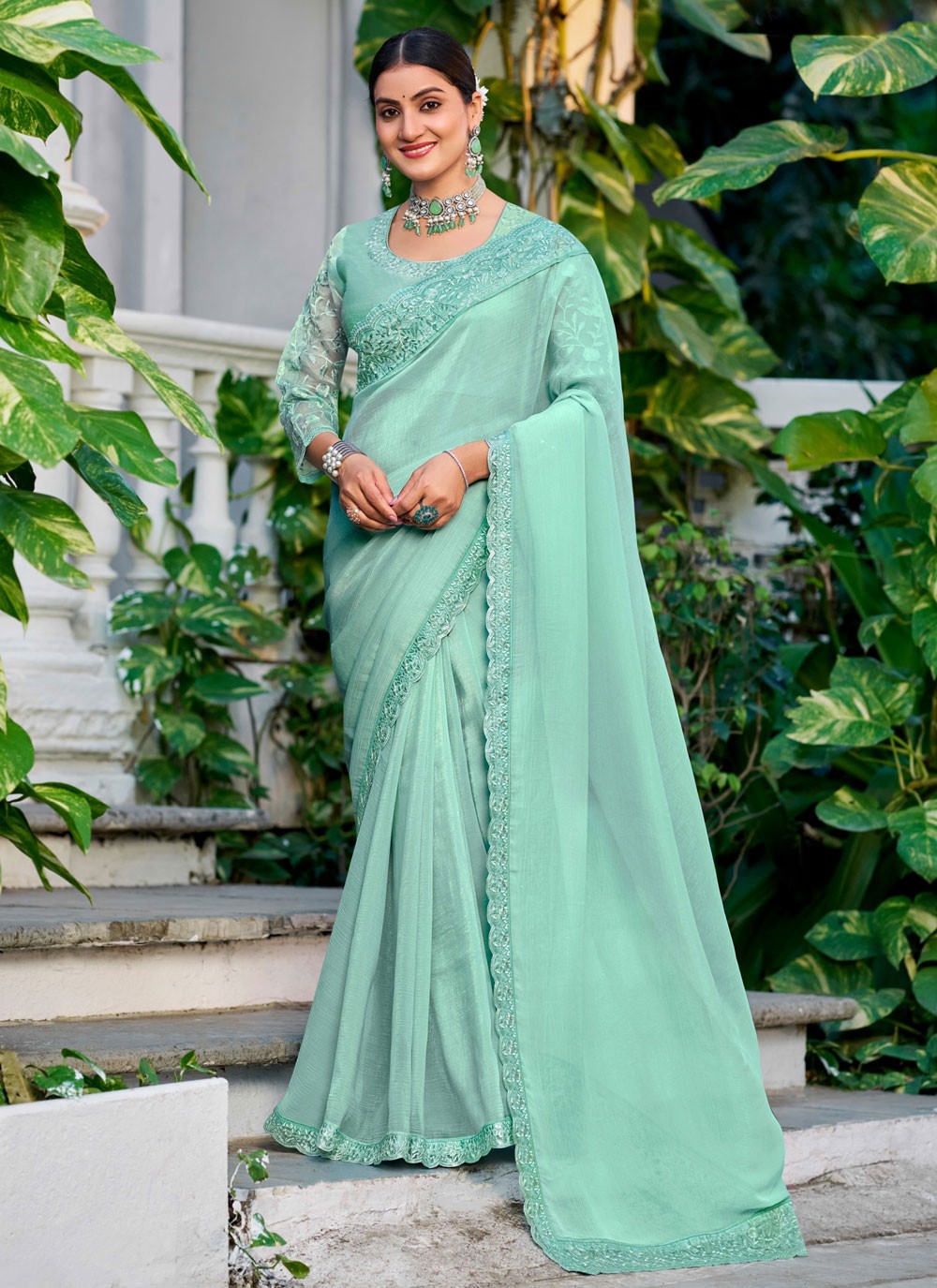 Sea Green Silk Contemporary Saree Embroidered, Lace S20130