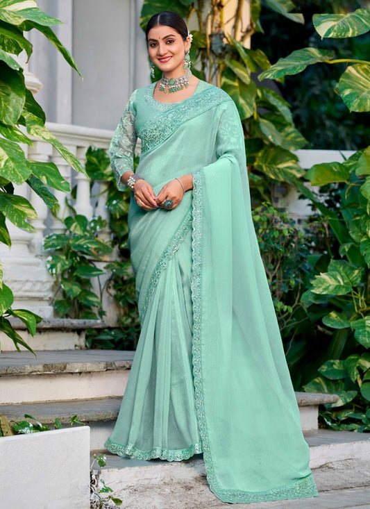 Sea Green Silk Contemporary Saree Embroidered, Lace S20130
