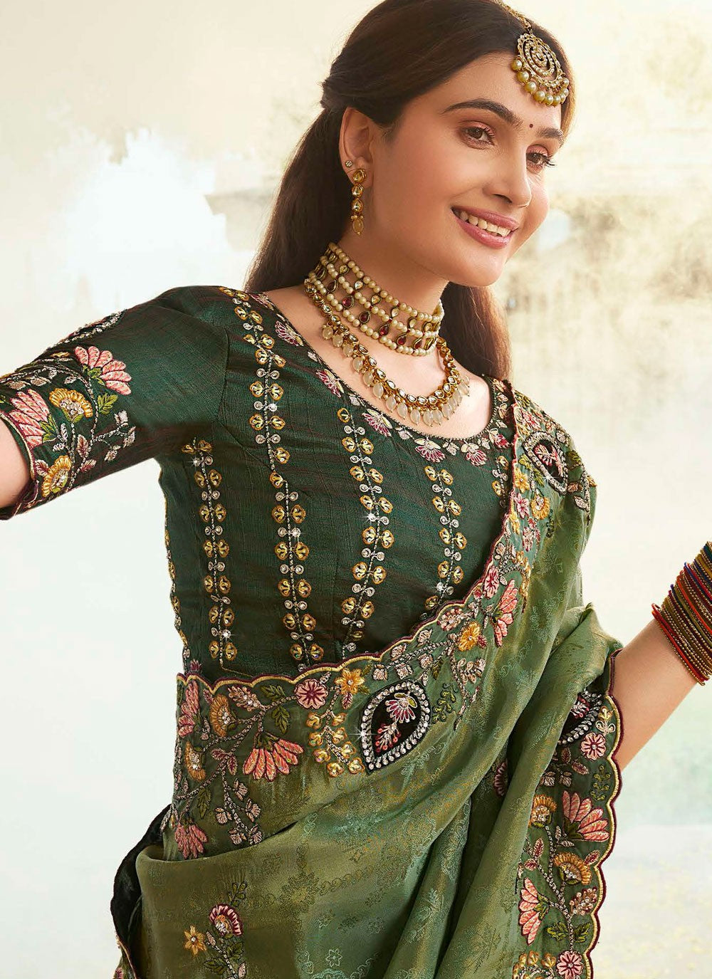 Cut Work Silk Green Contemporary Saree S15342
