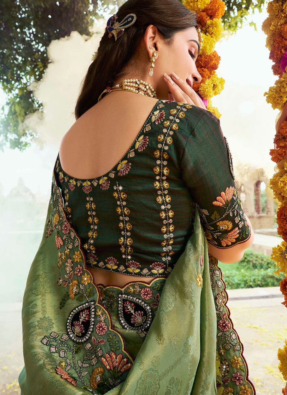 Cut Work Silk Green Contemporary Saree S15342