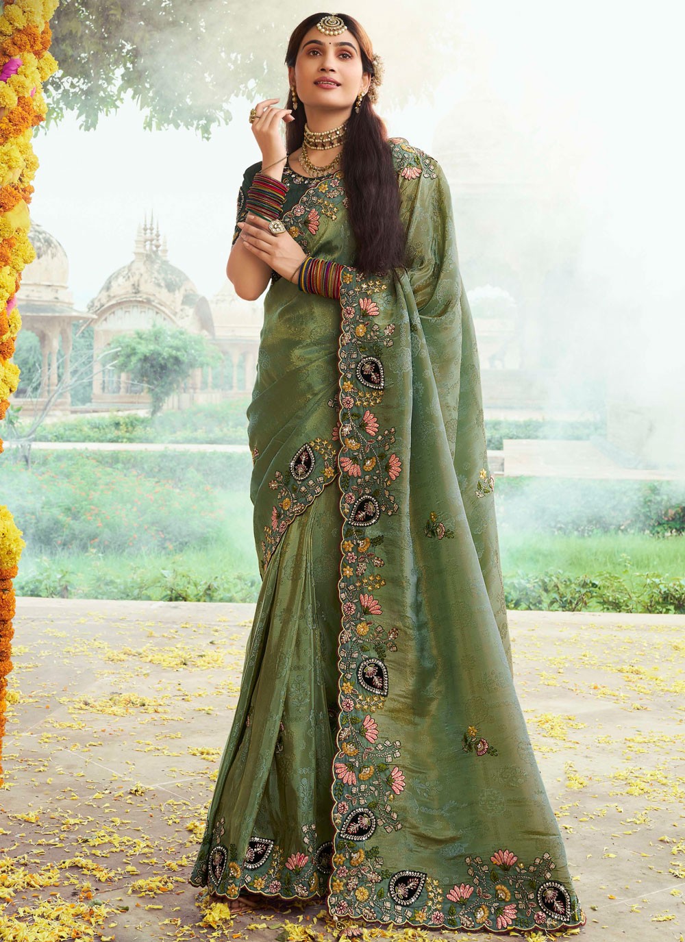 Cut Work Silk Green Contemporary Saree S15342