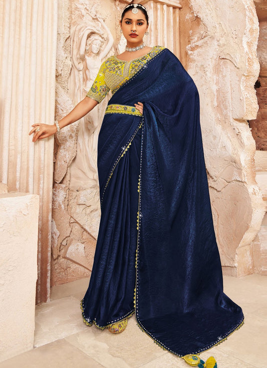 Navy Blue Silk Contemporary Saree Embroidered, Lace S19933