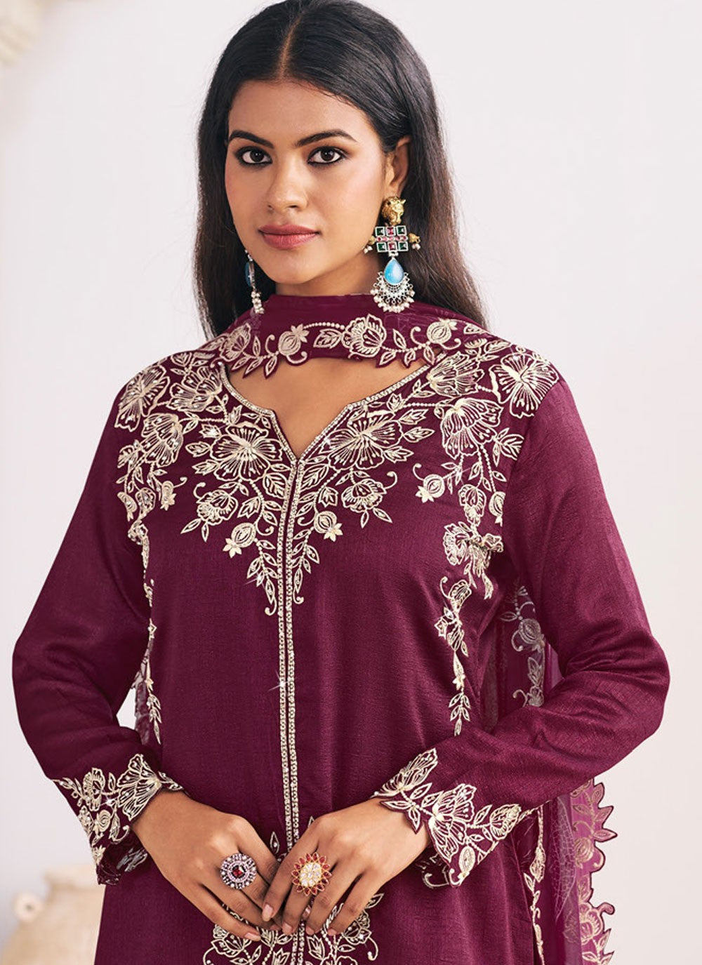 Palazzo Suit Embroidered Purple T8575