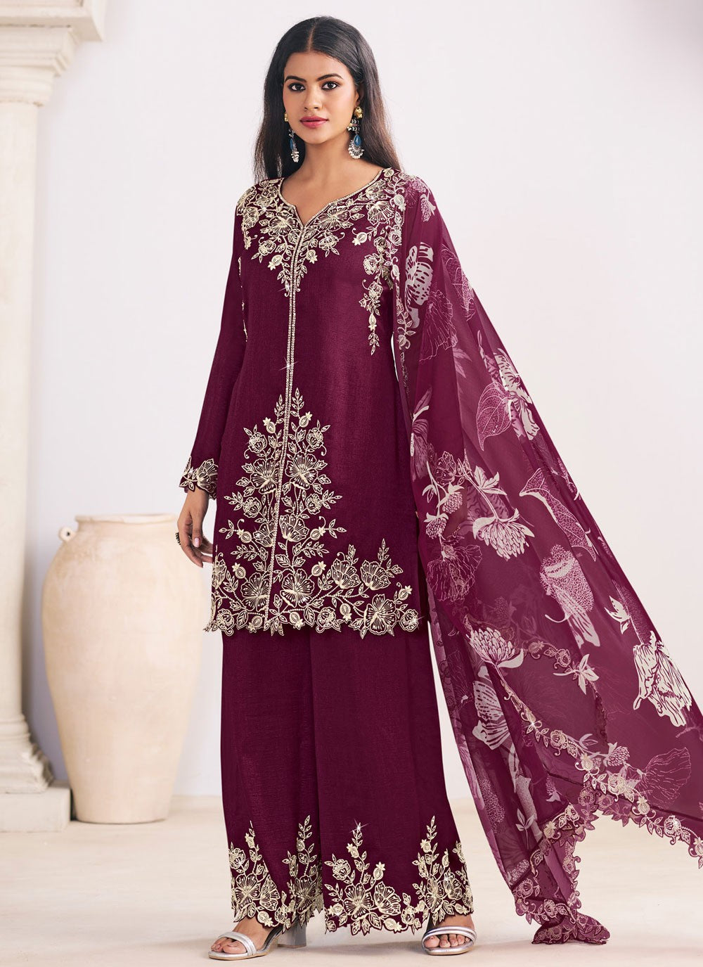 Palazzo Suit Embroidered Purple T8575