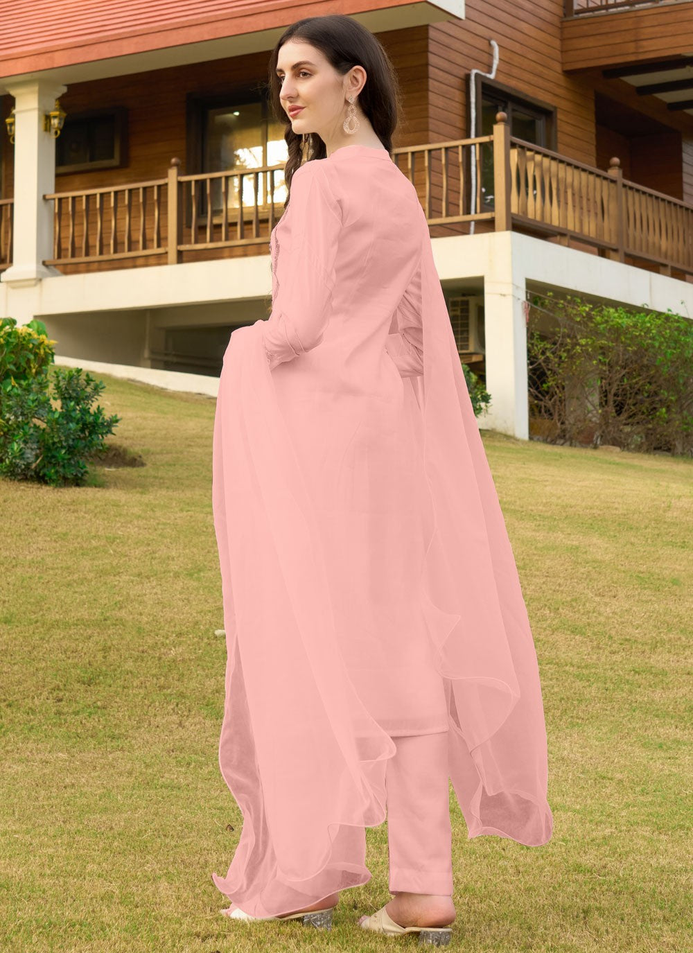 Salwar Suit Embroidered Peach Silk T5345