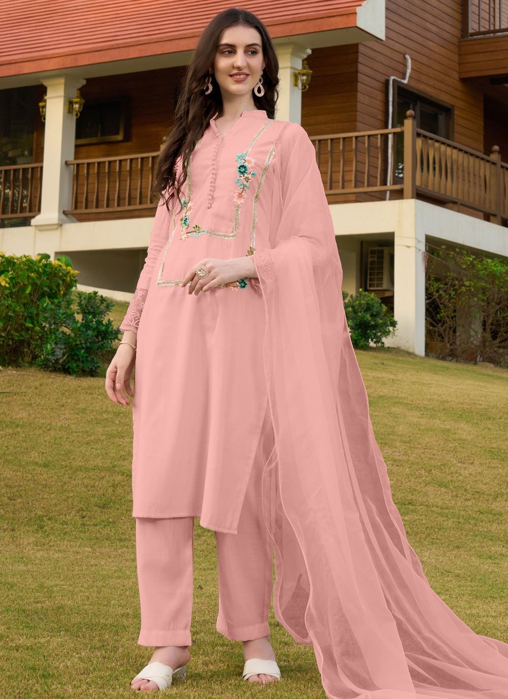 Salwar Suit Embroidered Peach Silk T5345
