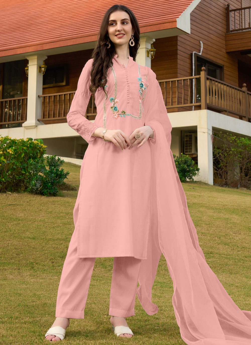 Salwar Suit Embroidered Peach Silk T5345