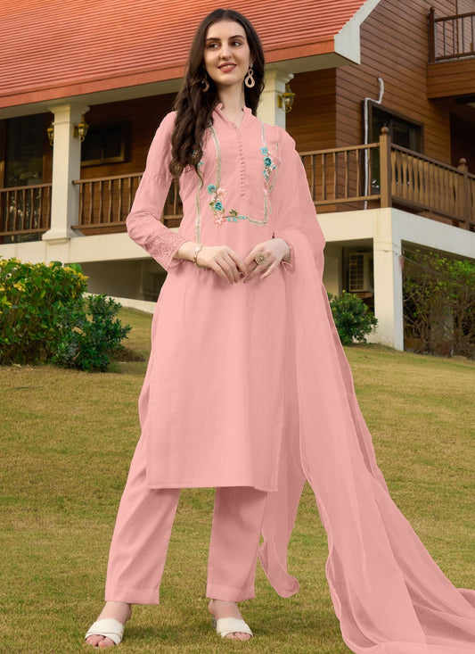 Salwar Suit Embroidered Peach Silk T5345