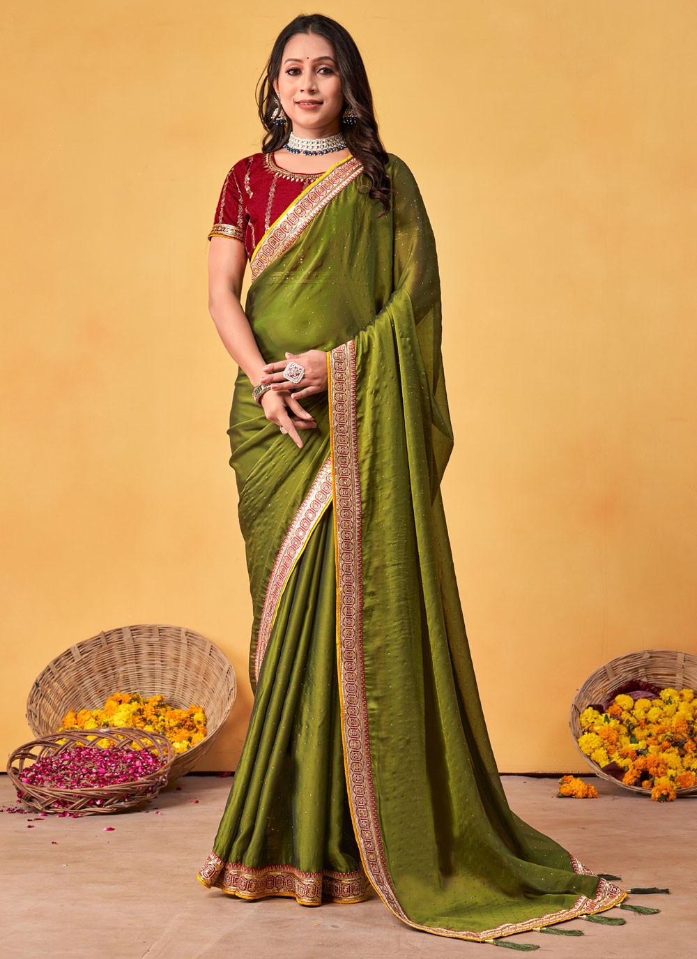 Designer Border Work Green Rangoli Saree S12688