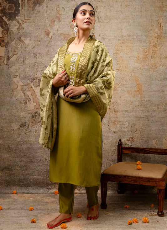 Pant Style Suit Embroidered, Zari Green T6914