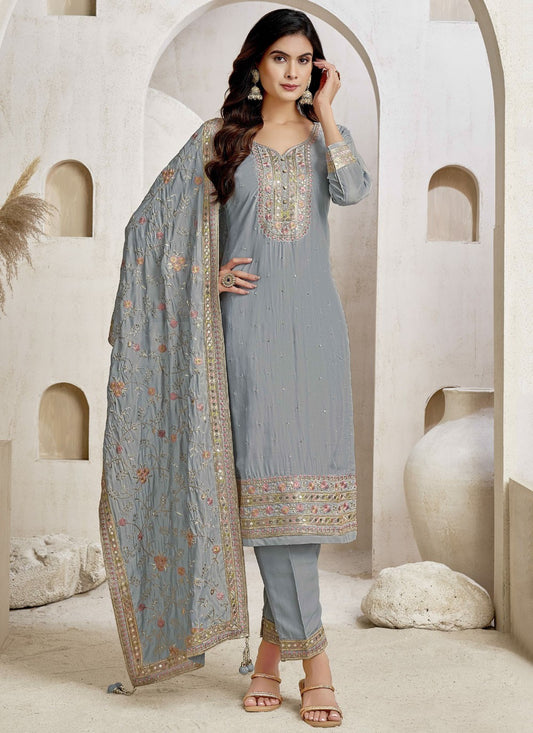 Pant Style Suit Embroidered, Sequins, Zari Grey T7618