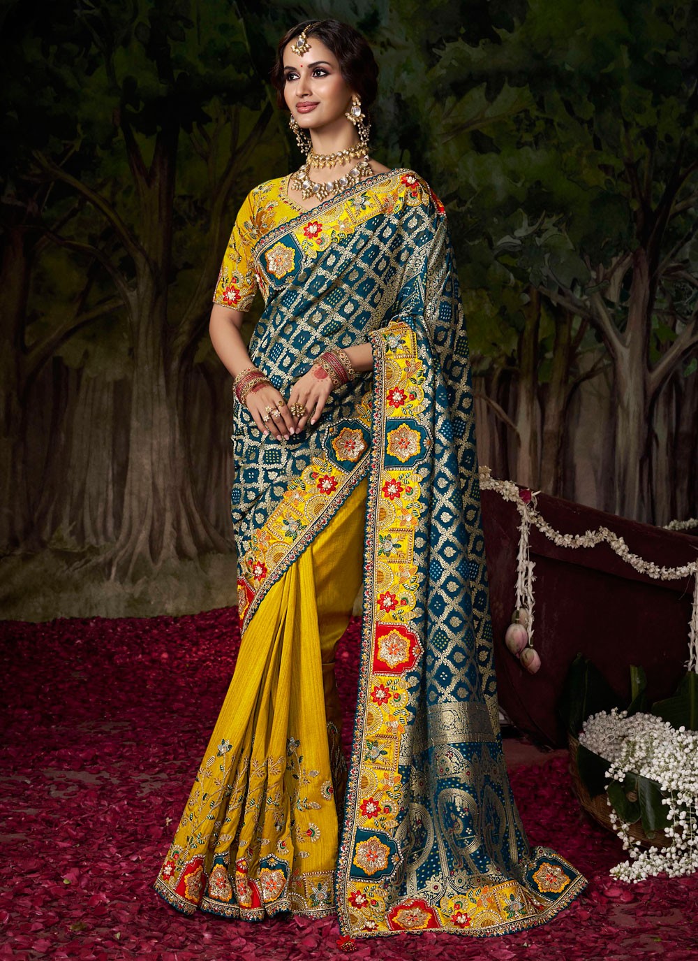 Teal Silk Half N Half Saree Embroidered S20489