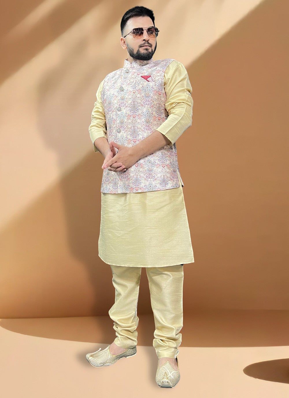 Embroidered Silk Gold, Multi Colour Kurta Payjama With Jacket - M5407