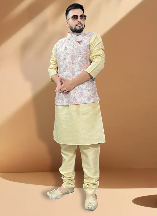 Embroidered Silk Gold, Multi Colour Kurta Payjama With Jacket - M5407