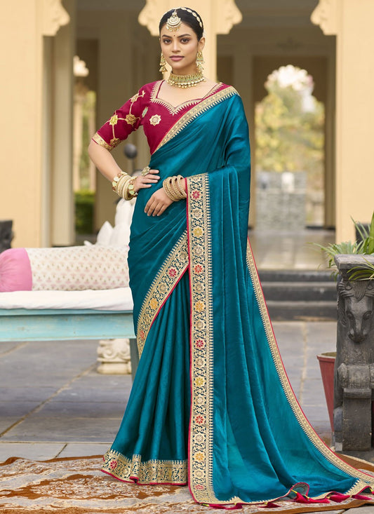 Border Work Silk Morpeach Contemporary Saree S15361