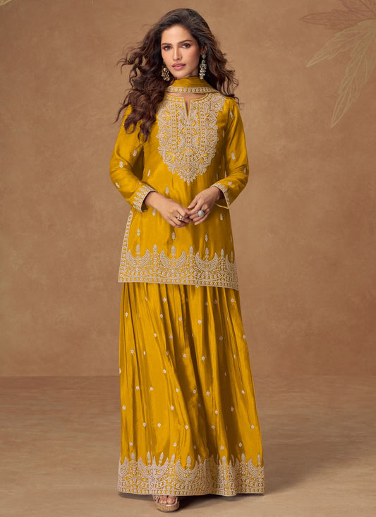 Palazzo Suit Embroidered Mustard T8539